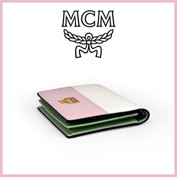 NWT MCM Bifold Wallet Pink, White & Mint Green Colorblock Saffiano Leather - Picture 3 of 8